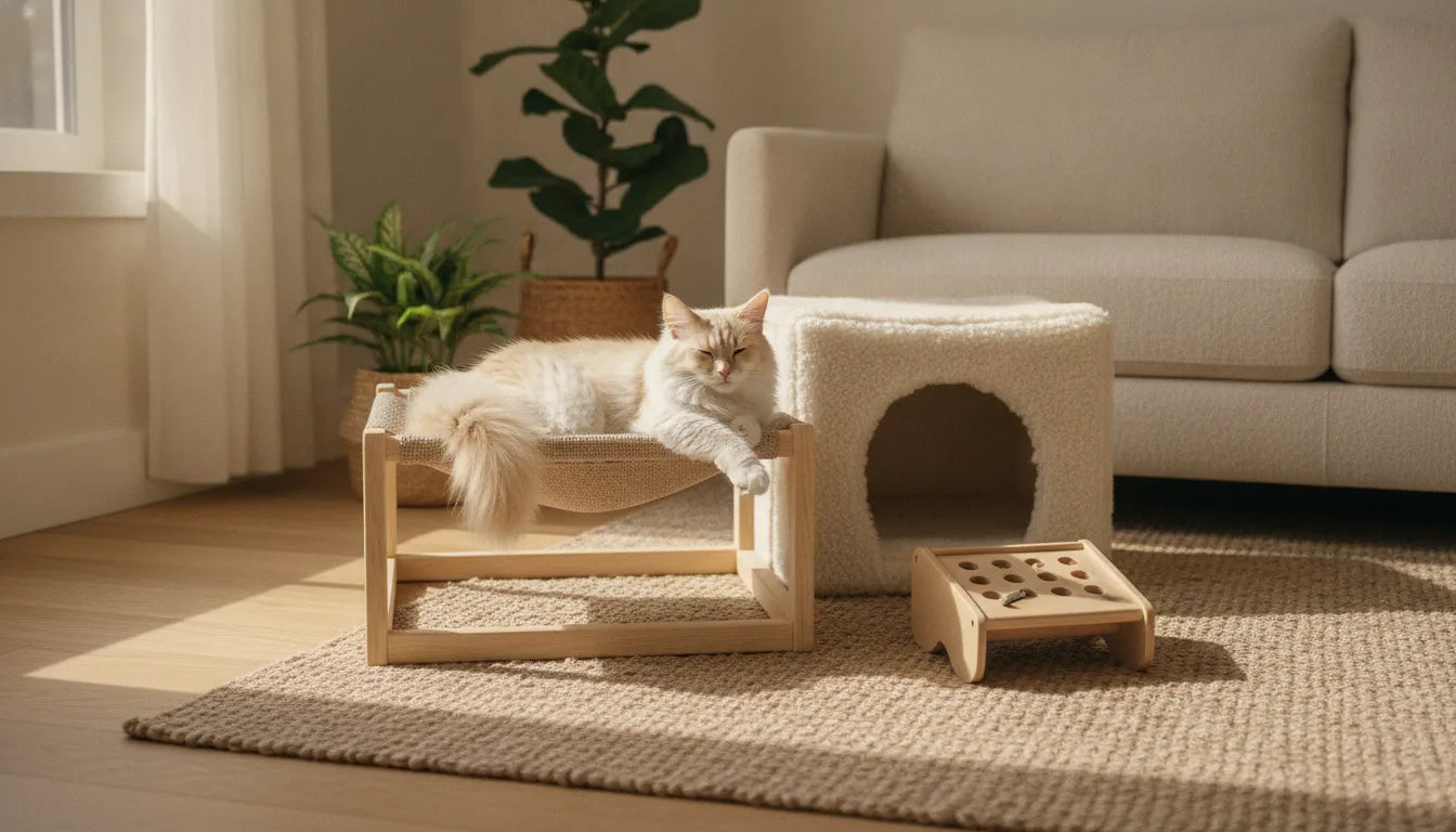 Relaxed cat resting in a quiet home with a hideaway and enrichment toy