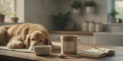 Dog beside an unbranded supplement container and a care checklist