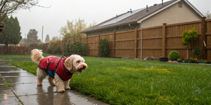 A small dog in one of the best waterproof coats for rainy weather.