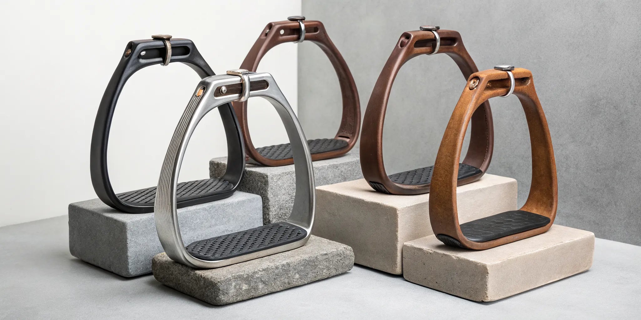 Various styles of roping stirrups made from wood and metal.