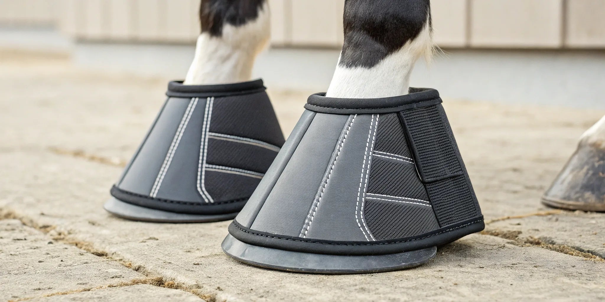 Extra large bell boots with secure Velcro closures protecting a horse's hooves.