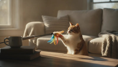 A happy tabby cat playing with an interactive wand toy in a cozy, bright living room