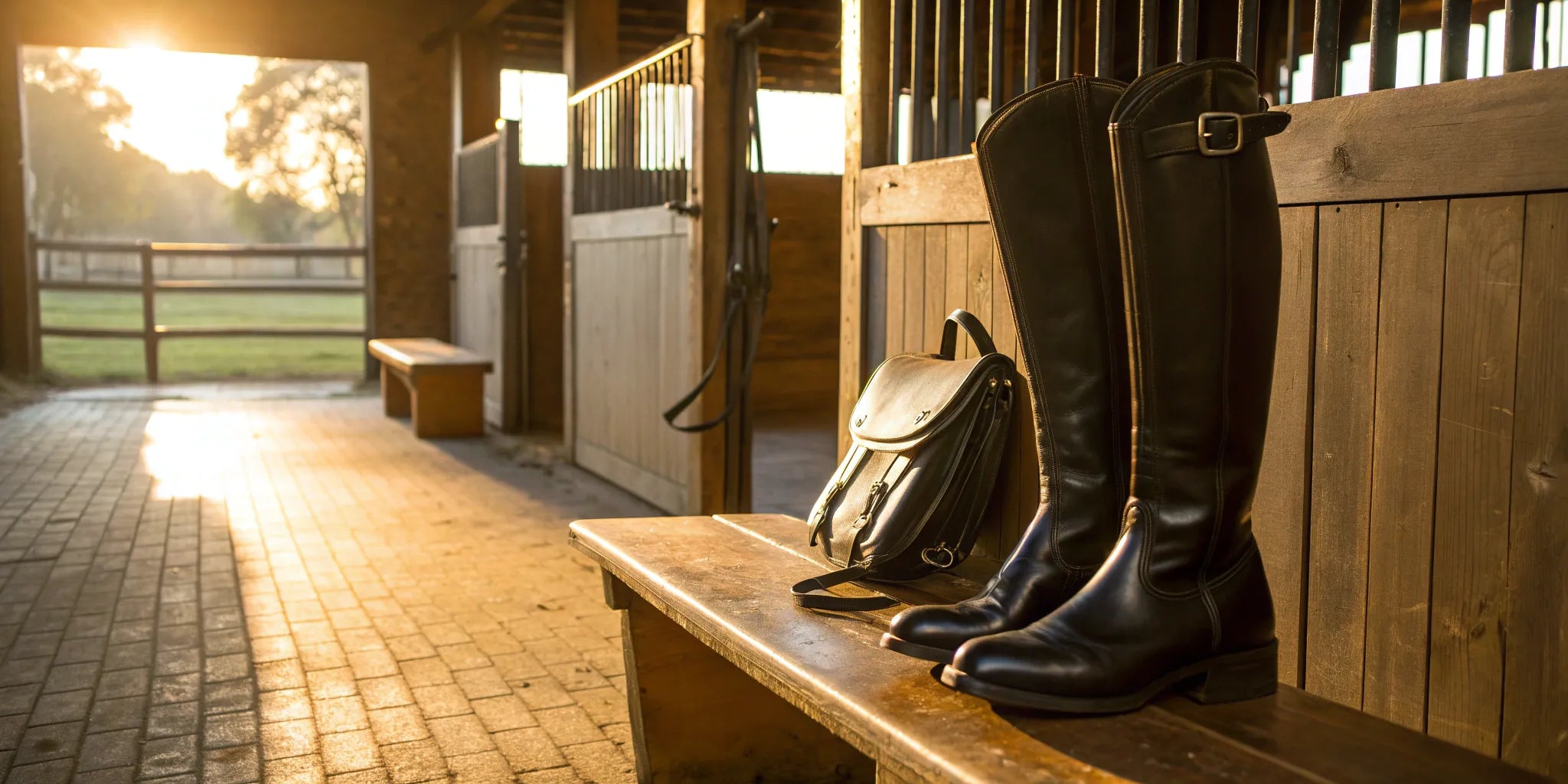 A pair of the best leather equestrian riding boots on a bench in a stable.