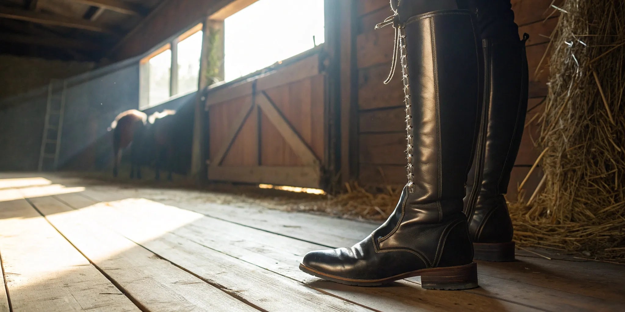 A pair of the best equestrian riding boots displayed in a stable.