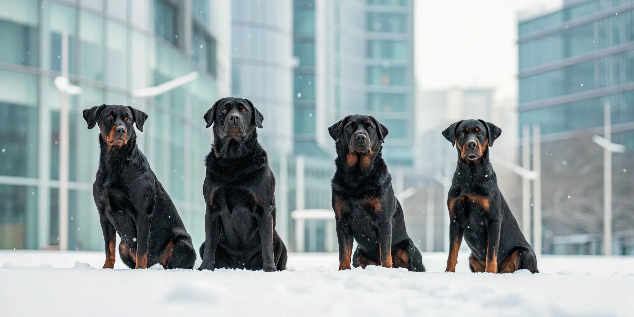 Four large dogs wearing a variety of winter coats in the snow.