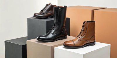 A selection of male horse riding boots in black and brown leather, featuring tall and paddock styles.