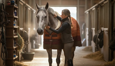 Equestrian placing a turnout blanket over a horse in a barn aisle