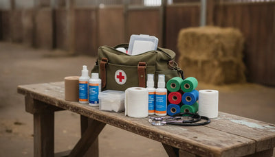 Well-organized horse first aid kit with bandages, antiseptic, and tools on a barn bench