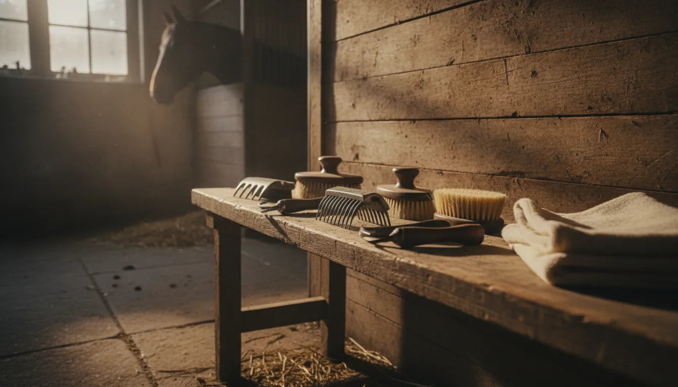 Horse grooming tools including curry comb, brushes, and hoof pick arranged on a stable bench