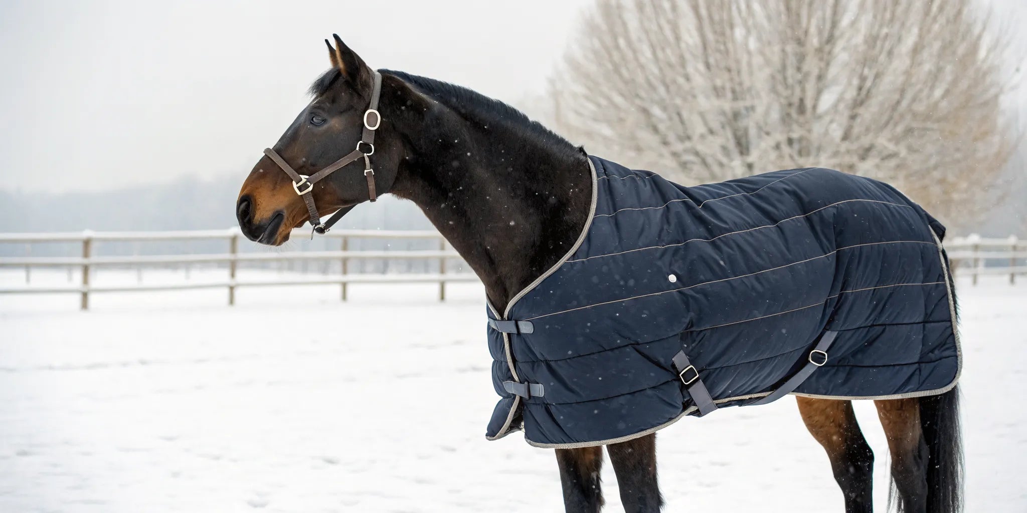 Horse wearing a winter blanket standing in a snowy paddock.