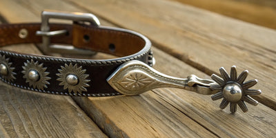 A pair of silver-accented English spurs with rowels.