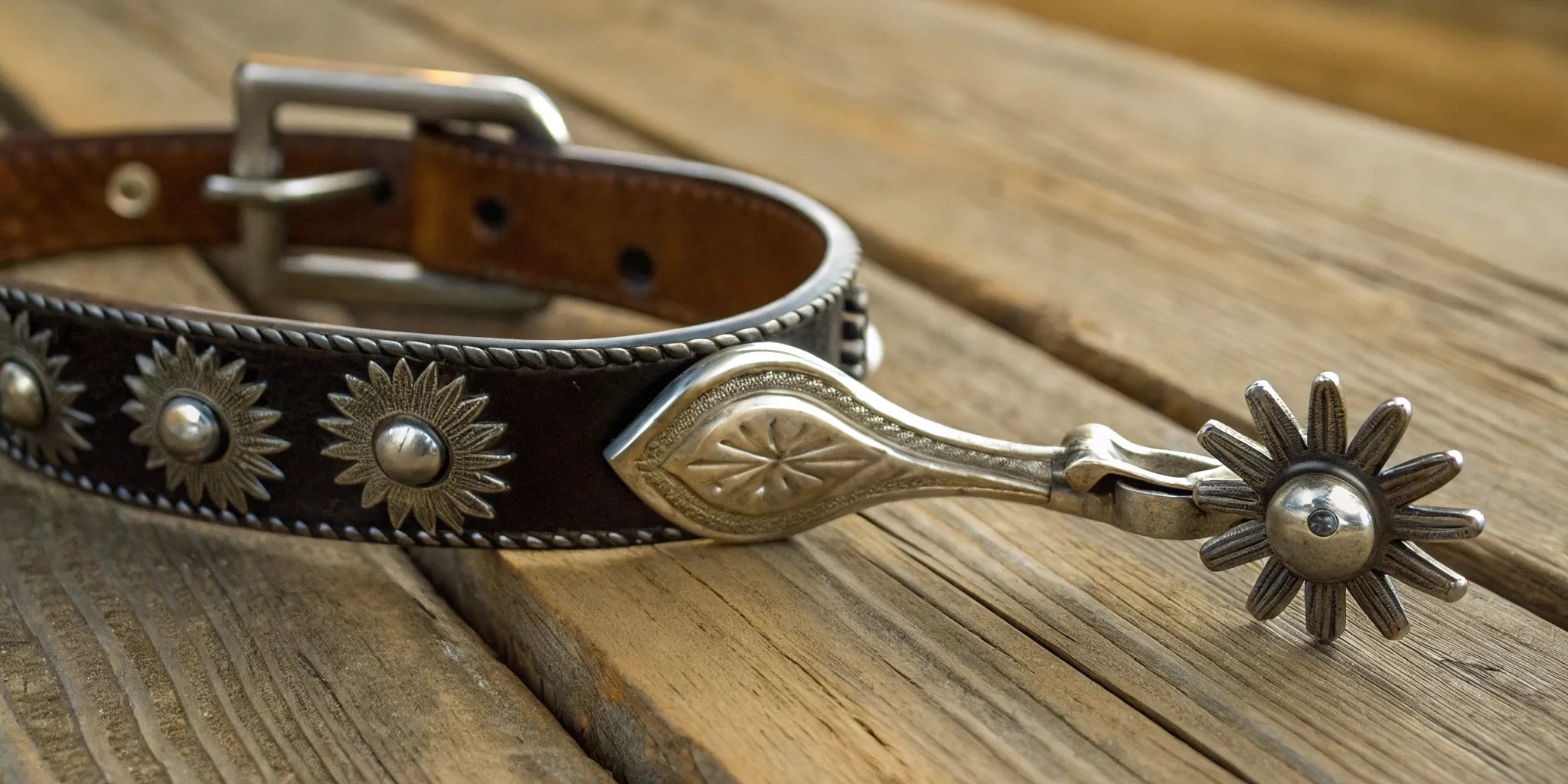 A pair of silver-accented English spurs with rowels.