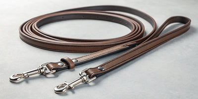 Durable brown leather split reins with sturdy metal clips.