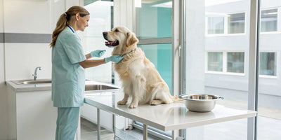 A veterinarian examines a golden retriever for signs your dog needs probiotics.