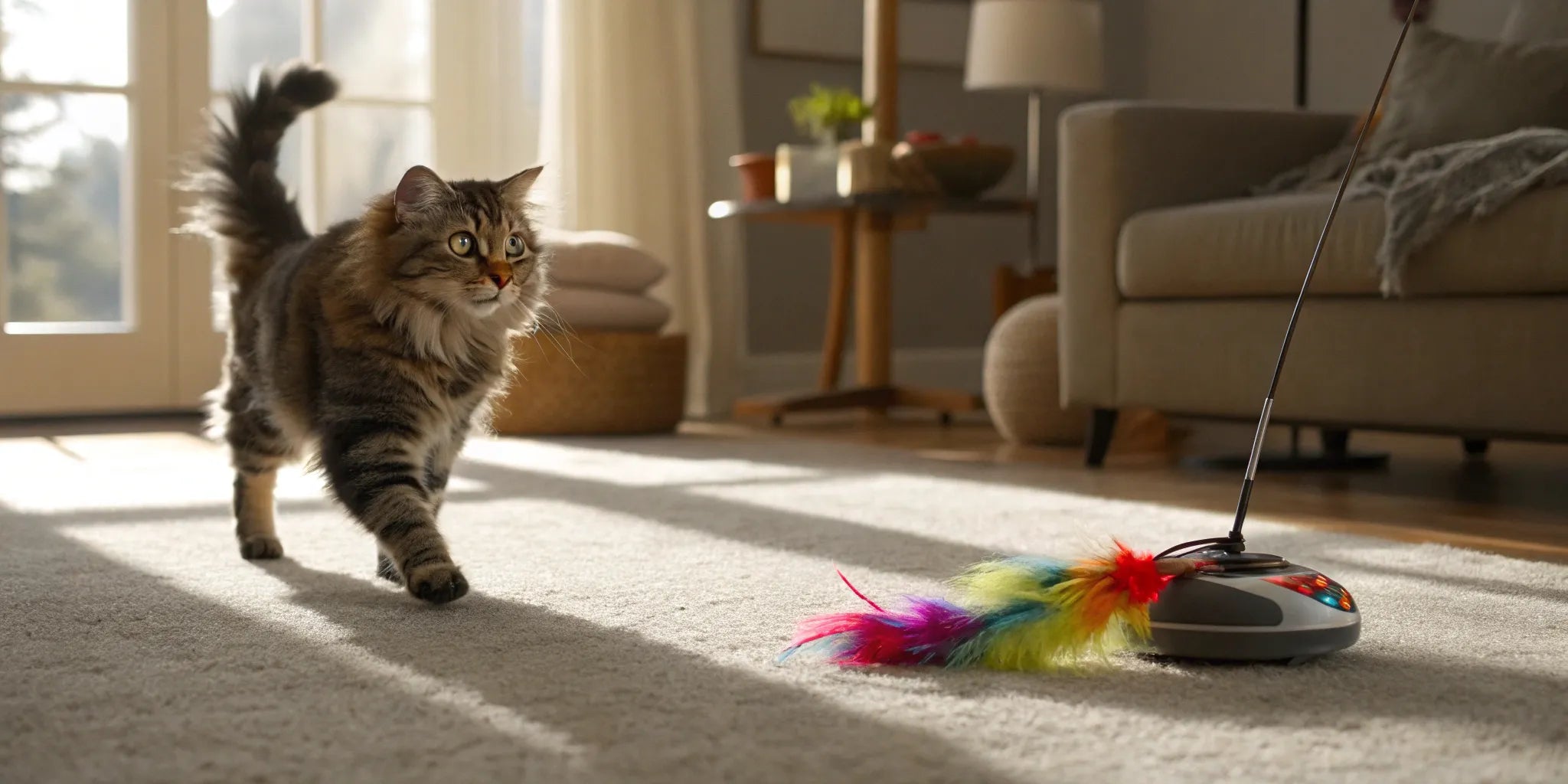 Cat chasing a motorized line toy with a colorful feather.