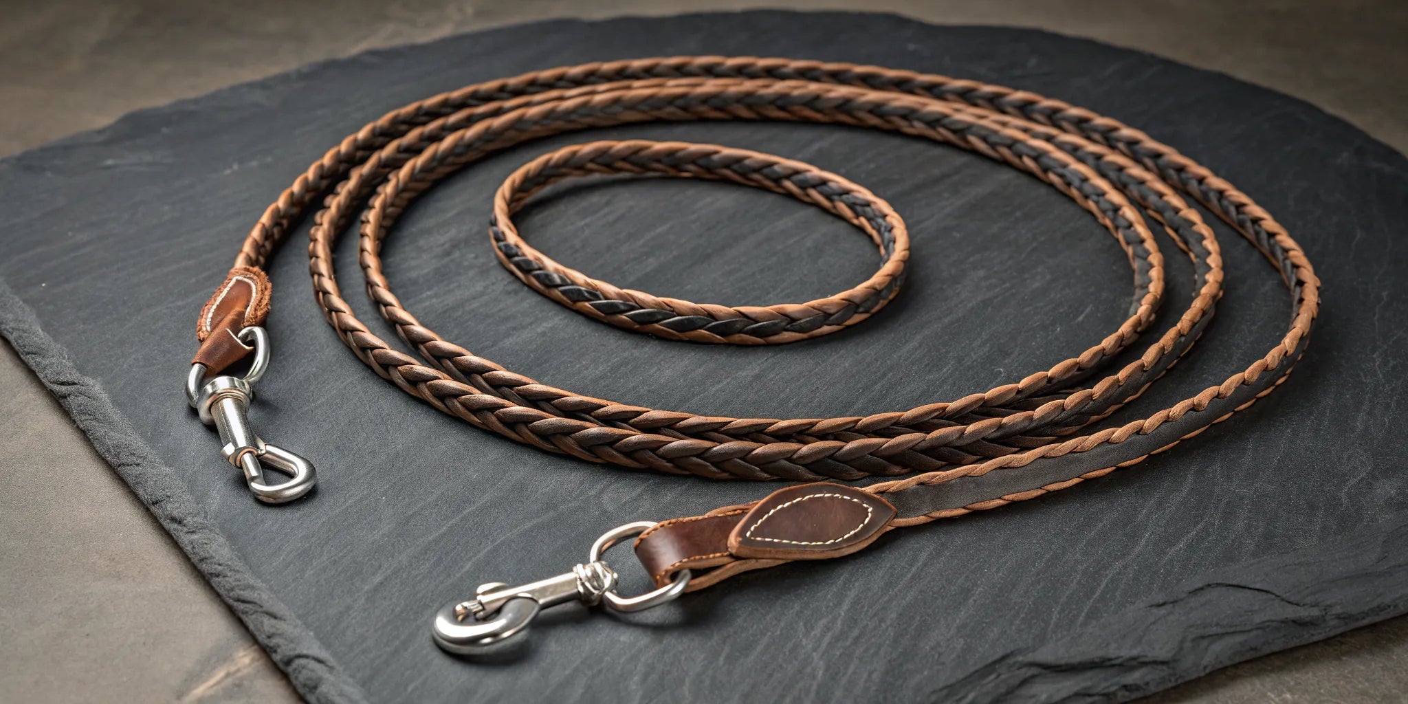A set of braided leather romal reins with detailed silver hardware.