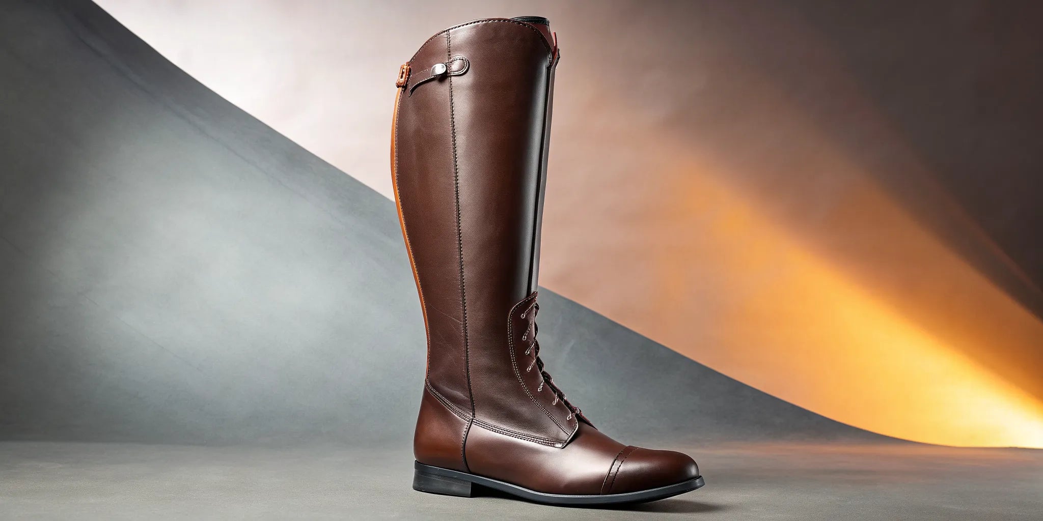 A tall brown leather horse riding boot with laces for English riding.