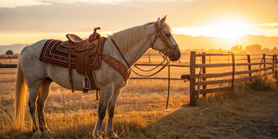 A horse fitted with a western saddle and a thick western saddle pad.