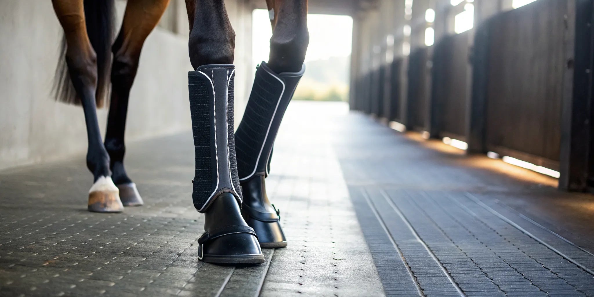 A horse wearing overreach boots for hoof and pastern protection.