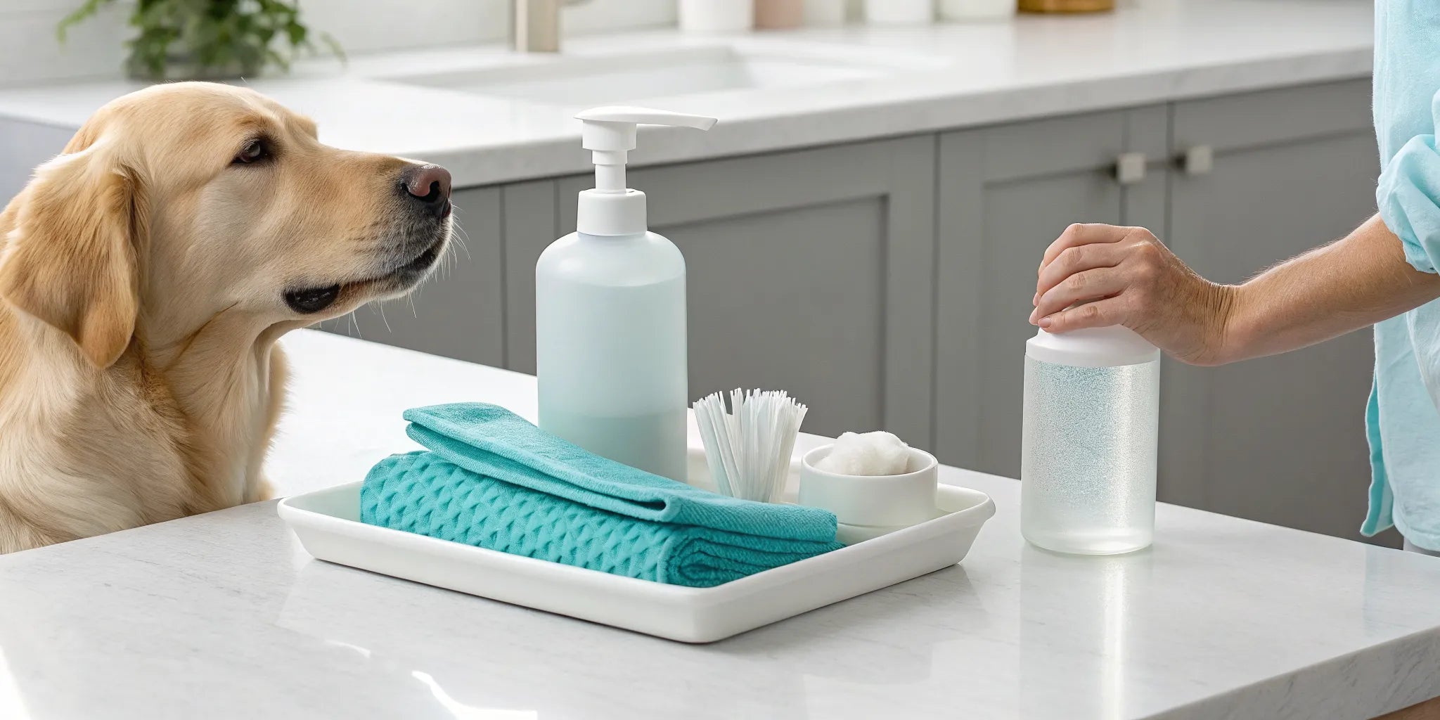 A dog waits for a pet ear cleaning with a bottle of ear care cleaner and supplies.