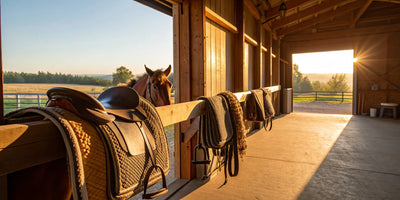 A variety of western horse saddle pads and a leather saddle hanging in a barn.