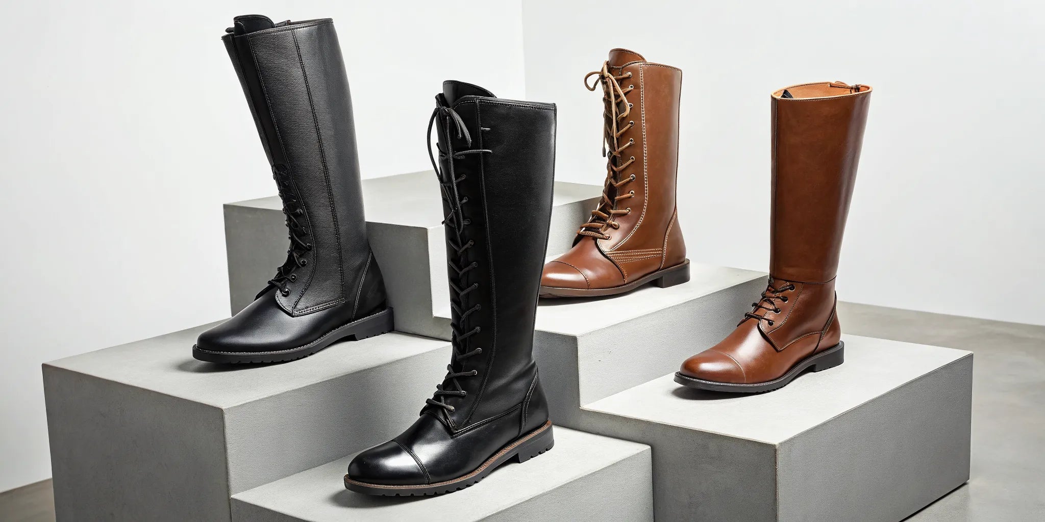 A variety of women's English riding boots, including tall field boots and short paddock boots, in black and brown.