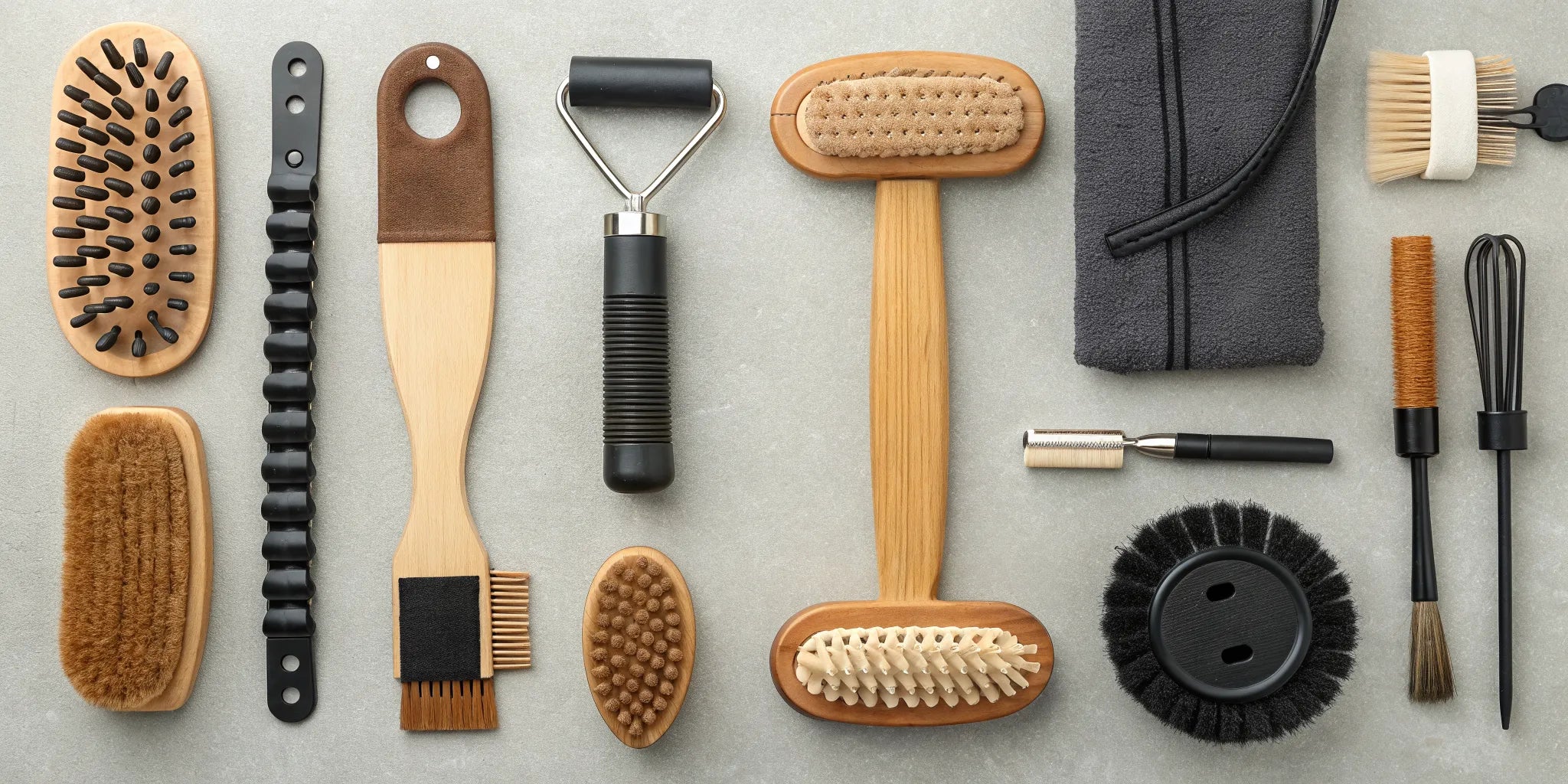 A list of essential horse grooming tools including a curry comb, brushes, and a hoof pick.
