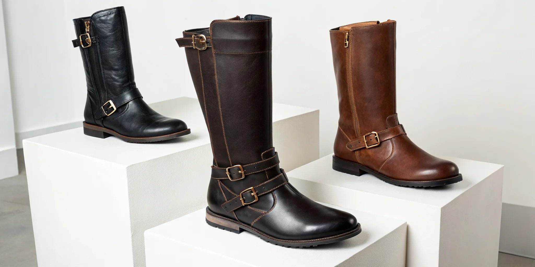 Men's leather riding boots in black, dark brown, and tan styles on sale.
