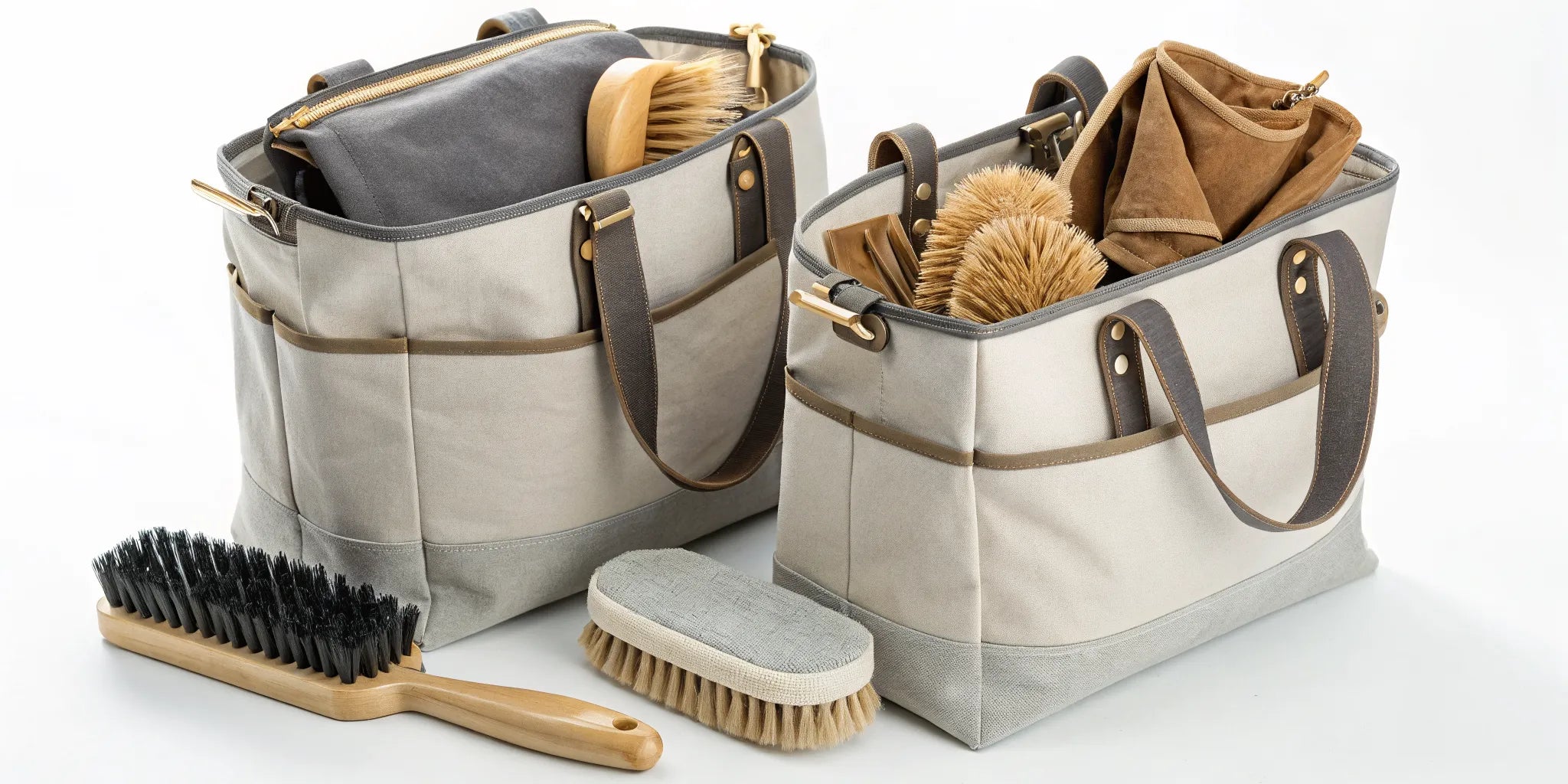 A horse grooming bag with brushes and grooming tools neatly organized in its compartments.