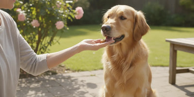 Dog receiving a small training treat from an owner outdoors