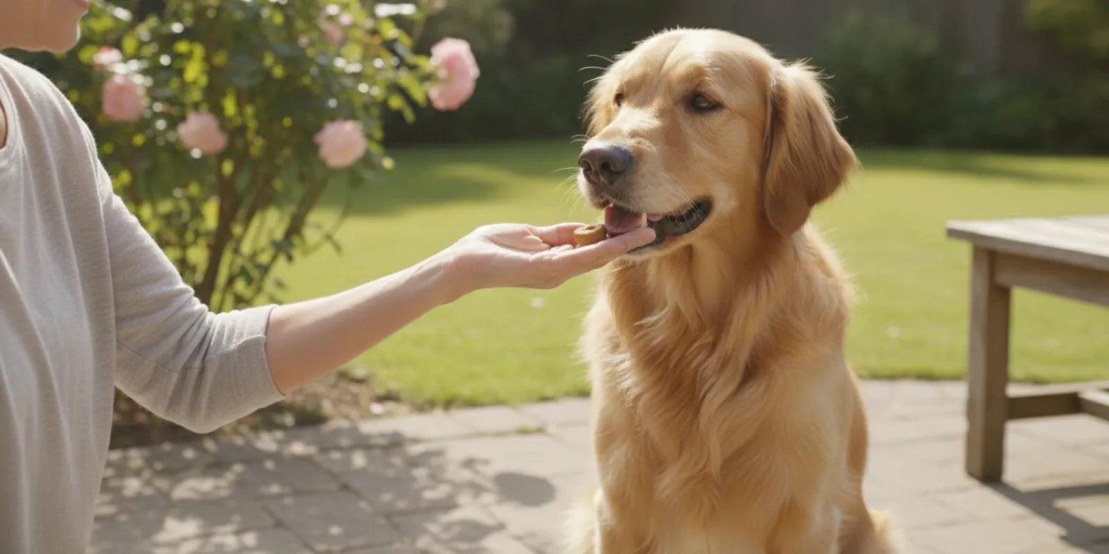 Dog receiving a small training treat from an owner outdoors