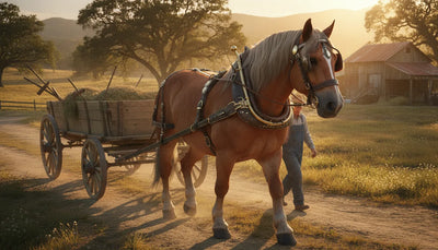 A draft horse wearing a leather work collar with brass hames, harnessed to pull a wagon on a farm