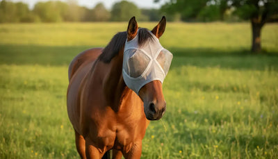 Bay horse wearing a breathable UV fly mask in a sunny pasture