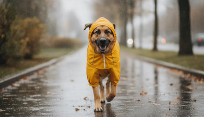 Large dog wearing a waterproof rain coat with a hood during rainy weather