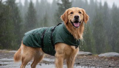 A happy dog wearing a high-quality, durable waterproof winter coat standing in the rain