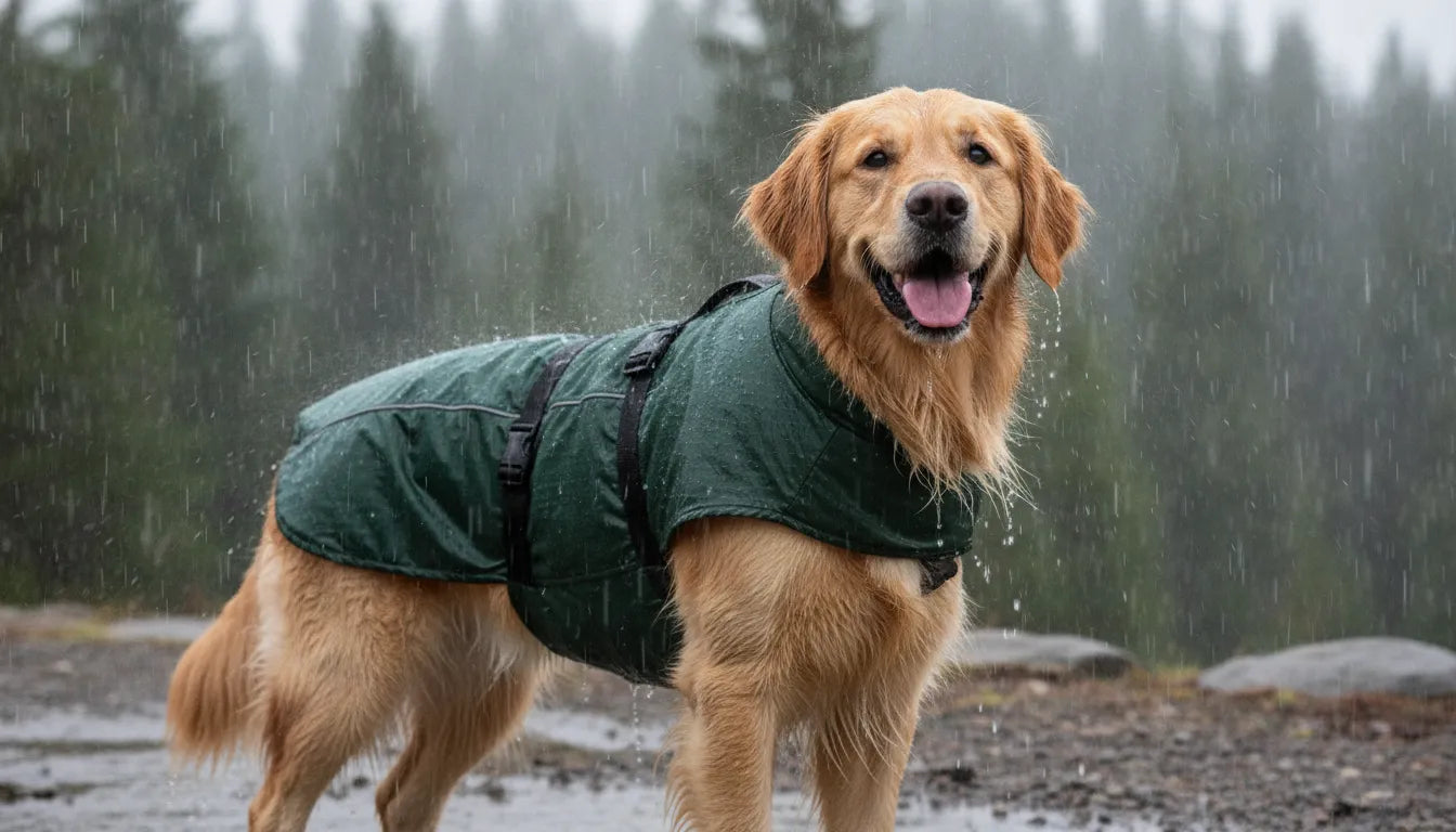 A happy dog wearing a high-quality, durable waterproof winter coat standing in the rain