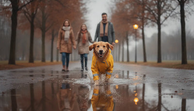 Medium-sized dog wearing a bright waterproof coat during a rainy walk