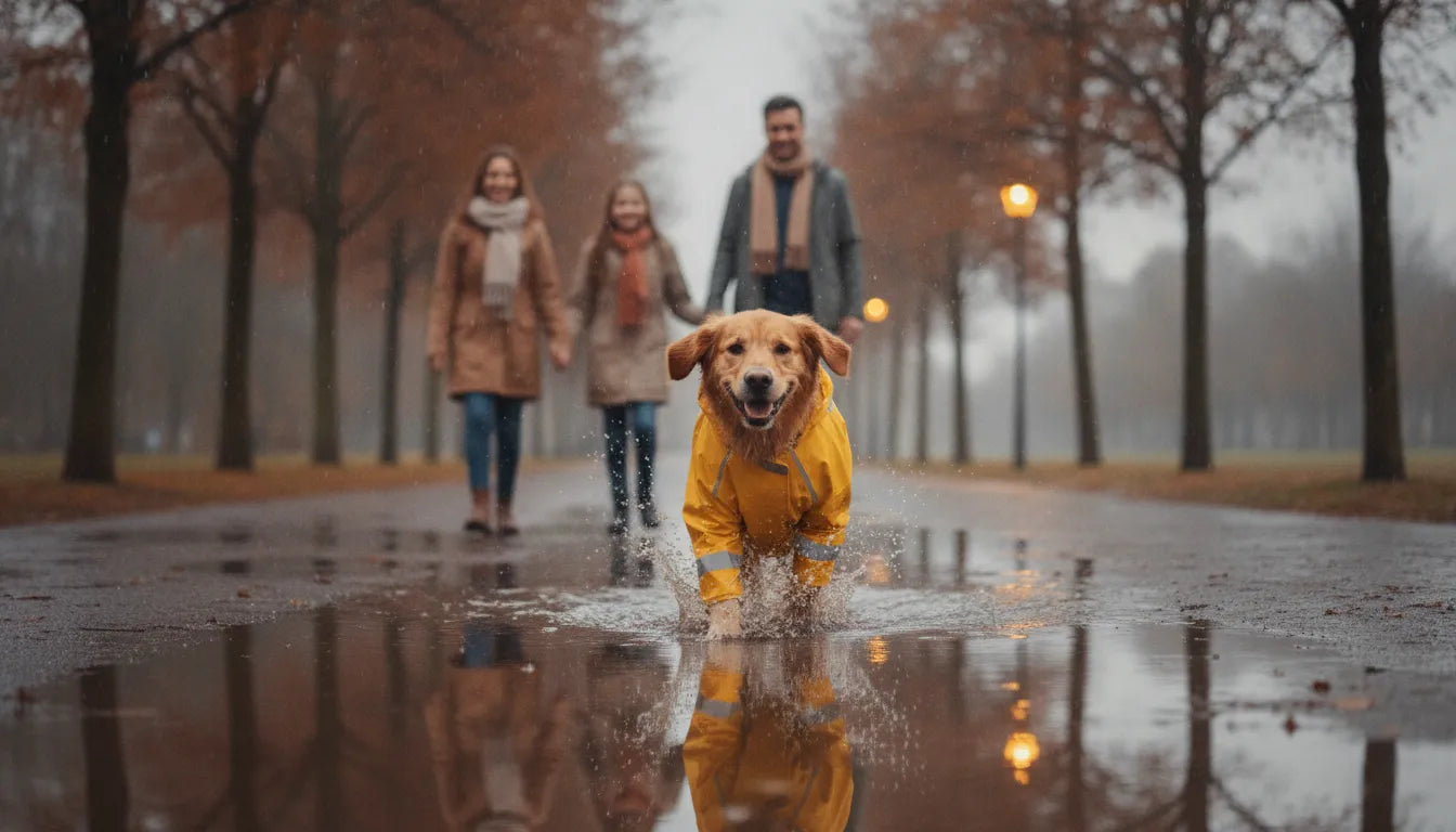 Medium-sized dog wearing a bright waterproof coat during a rainy walk