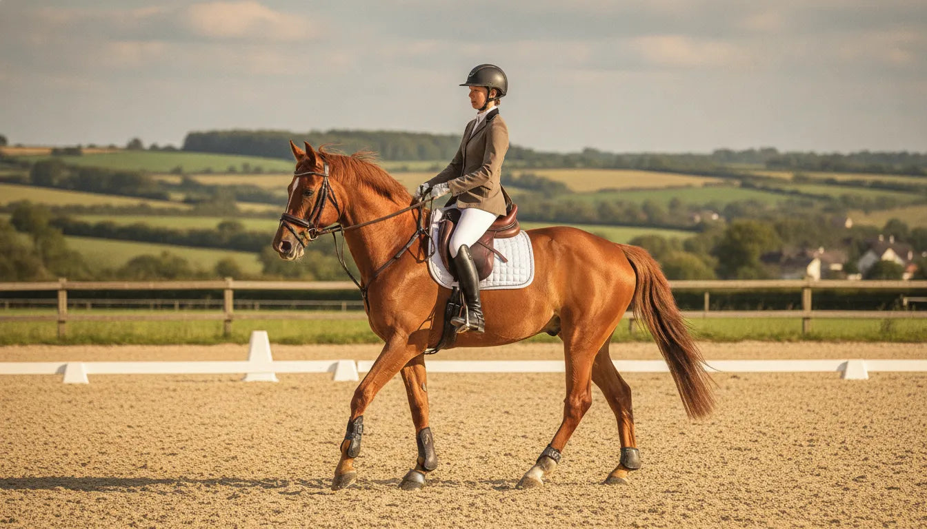 Rider trotting a healthy horse in an outdoor arena with a fitted saddle and saddle pad.
