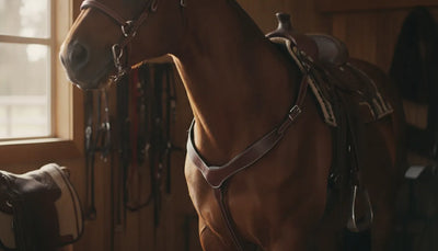 Bay horse wearing a fitted western leather breast collar with wither strap and buckstitch trim
