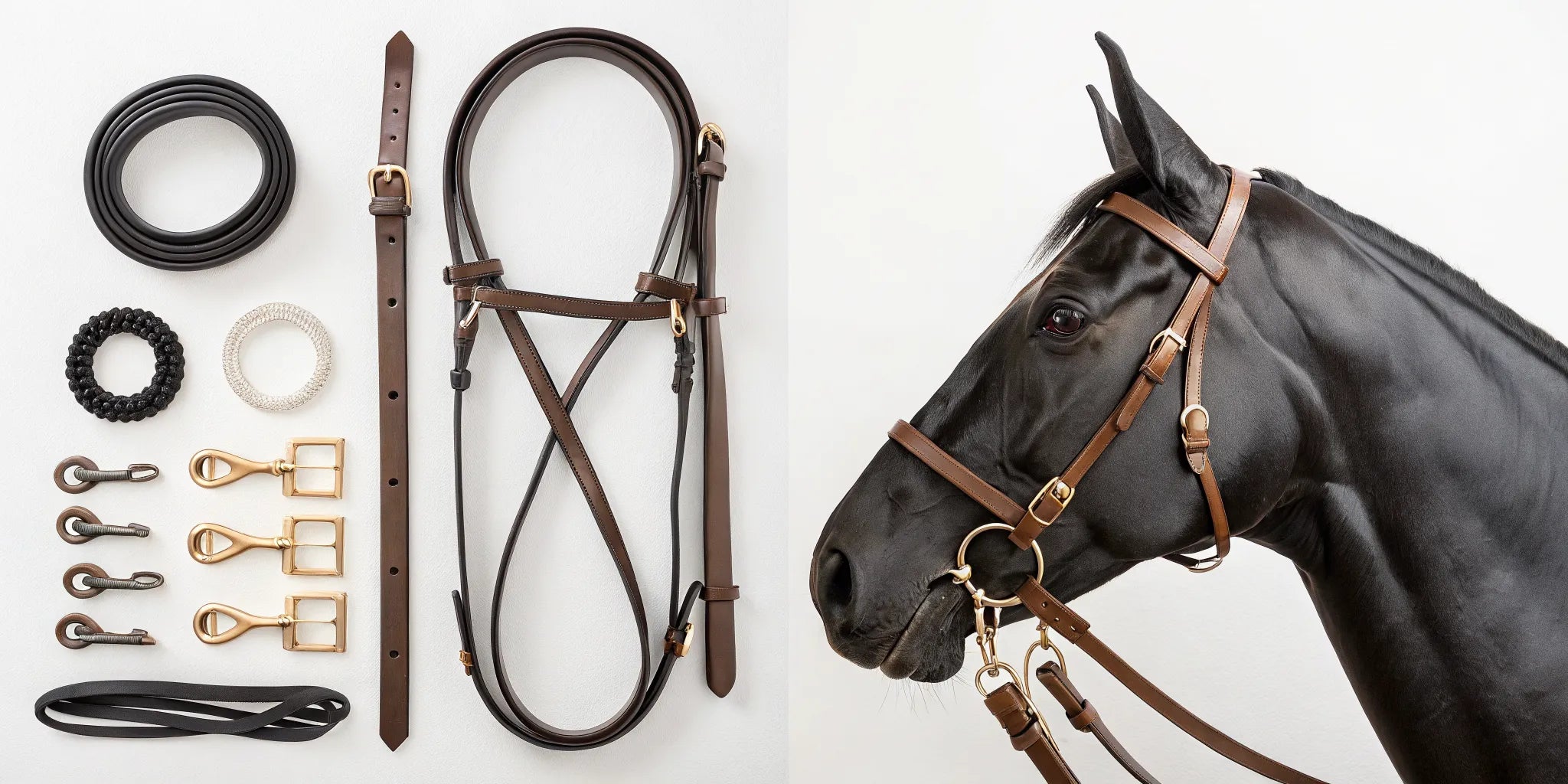 A display of western bridle parts and hardware, with a horse modeling a finished leather bridle.