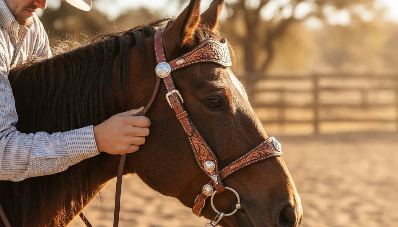 Western horse wearing a leather browband headstall in a sunlit arena