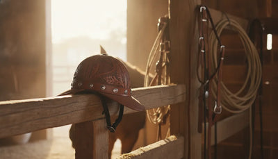 Western riding helmet resting on a wooden saddle rail in a sunlit barn
