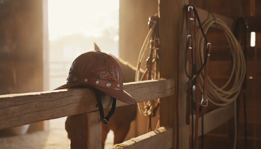 Western riding helmet resting on a wooden saddle rail in a sunlit barn