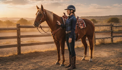 Western rider wearing a safety helmet beside a horse