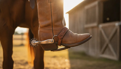 Rider's boot with a western roller ball spur on a horse in warm barn light