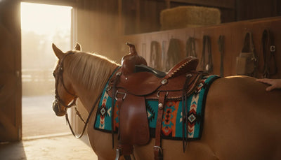 Western saddle with a colorful wool saddle pad on a horse in a sunny stable aisle