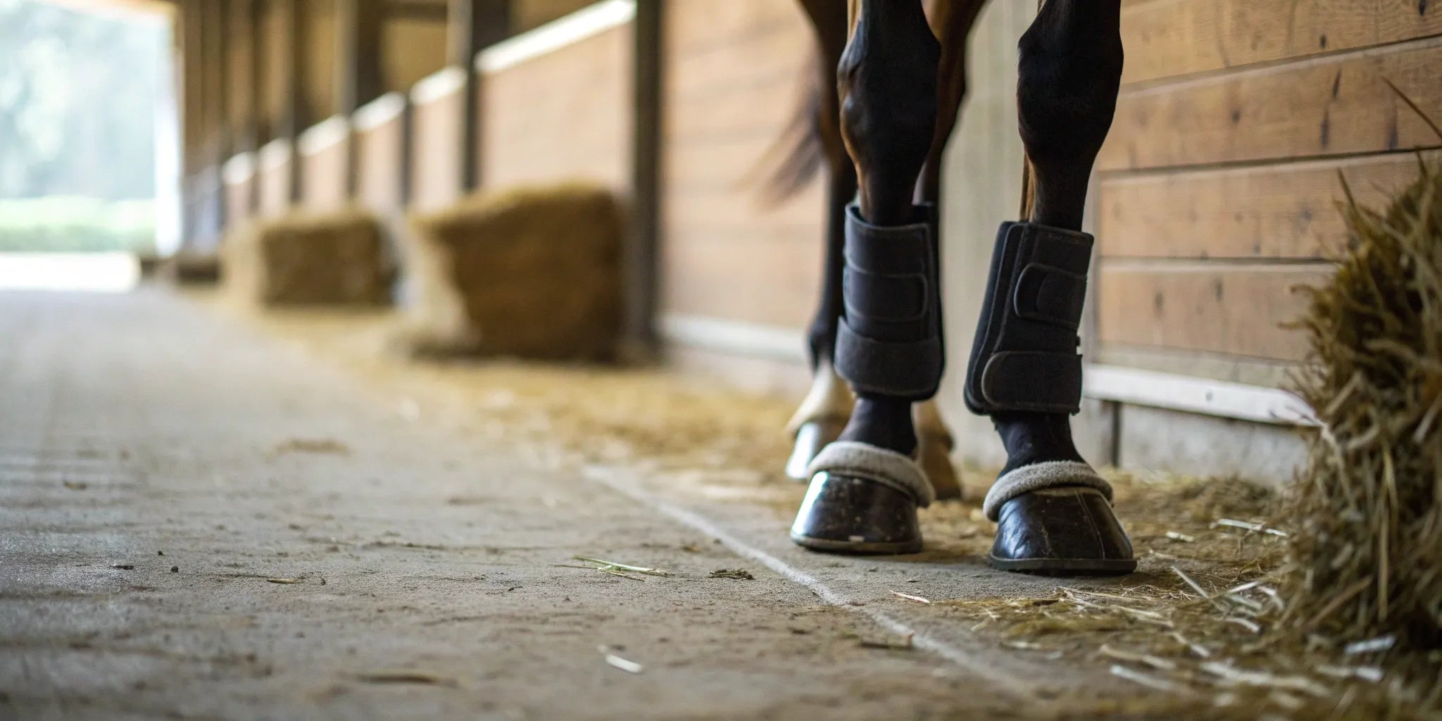 A horse wearing overreach boots to protect its hooves from overreach injuries.