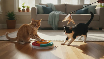 A tabby cat playing with a colorful interactive puzzle feeder toy on a living room floor