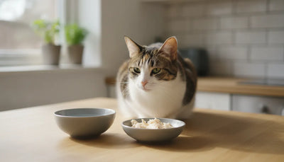 Cat inspecting plain cooked chicken beside fresh water